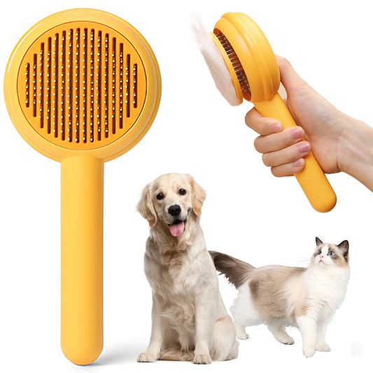  Pet Brushes for Indoor Pets - Pet Self Cleaning Slicker Brush Removes Deep Waste Hair - Cats Dogs Resin Protected Massage Comb(Yellow)